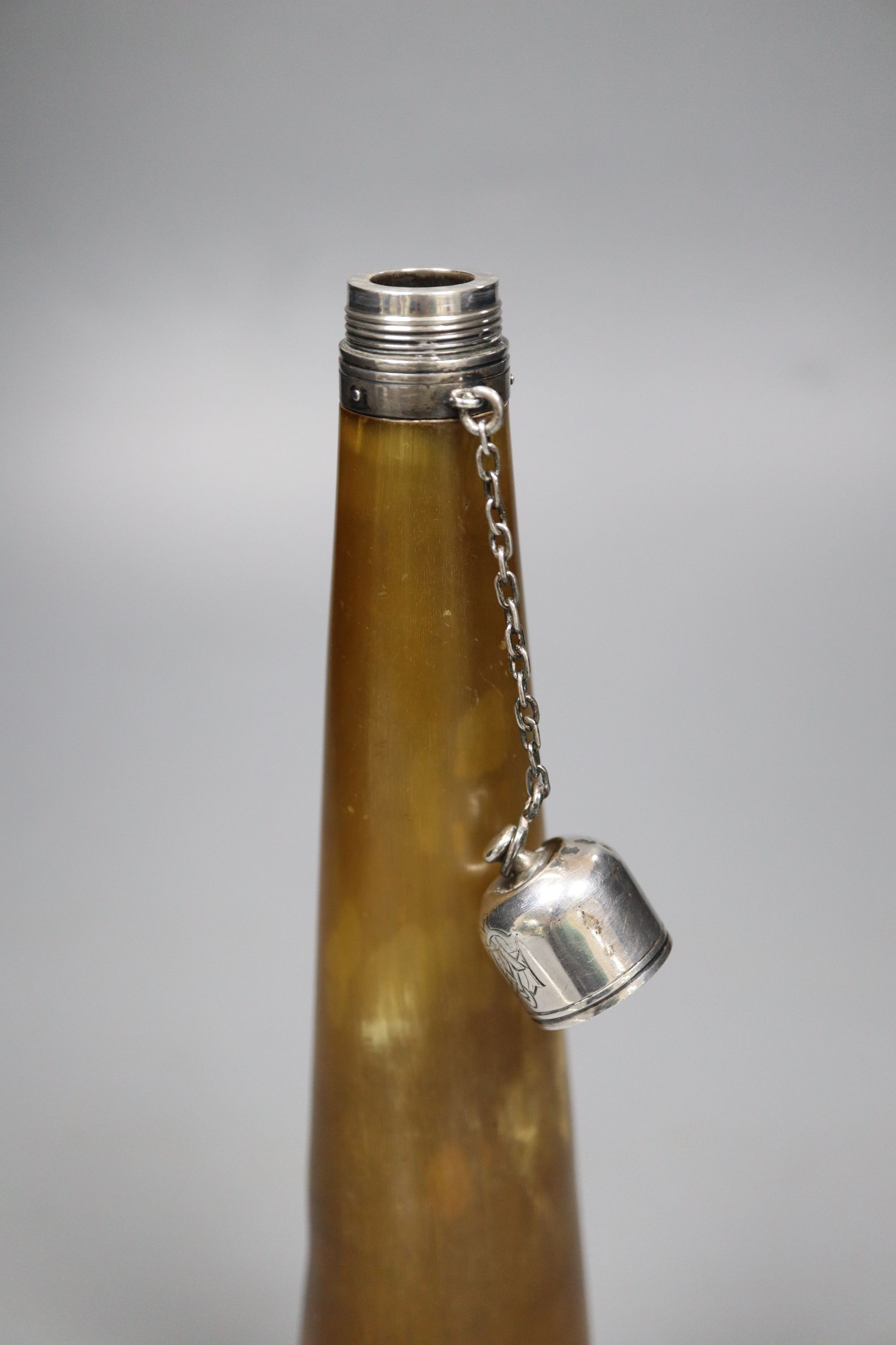 A Victorian silver mounted conical shaped horn flask, Thomas Johnson, London, 1875, 25.5cm, a.f.